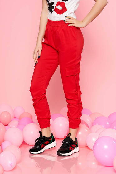 Pantaloni SunShine rosii casual cu talie medie cu elastic in talie si buzunare laterale