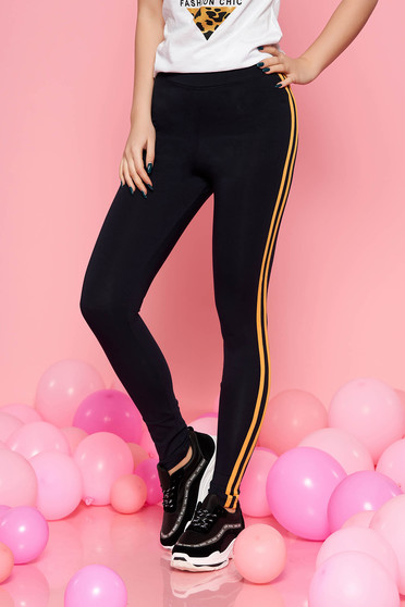 Colanti negri cu dungi mustarii SunShine casual sport cu talie medie din bumbac usor elastic cu un croi mulat