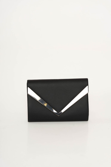 Geanta dama neagra plic din piele ecologica cu maner lung tip lantisor cu accesoriu metalic
