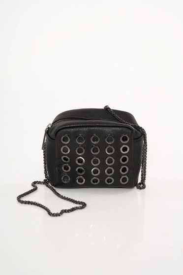 Geanta dama Top Secret neagra material din piele ecologica aplicatii metalice cu maner lung tip lantisor