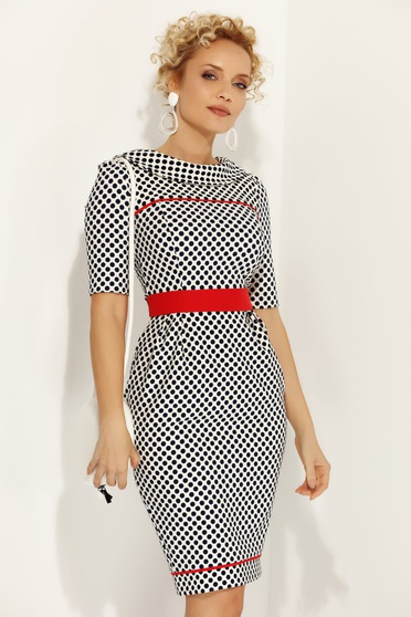 Rochie Fofy rosie office tip creion din material usor elastic cu buline accesorizata cu cordon