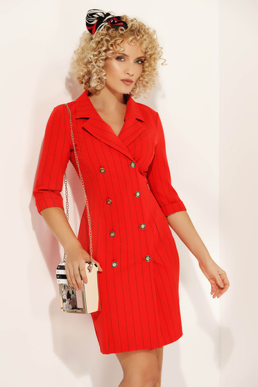 Rochie Fofy rosie eleganta scurta office tip sacou din material usor elastic cu decolteu in v