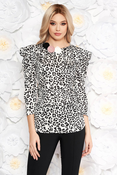 Bluza dama LaDonna alba eleganta din material vaporos cu aplicatii florale