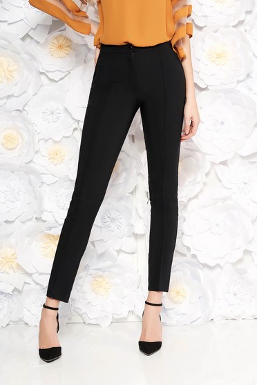 Pantaloni LaDonna negri office conici cu talie medie din material usor elastic cu buzunare false