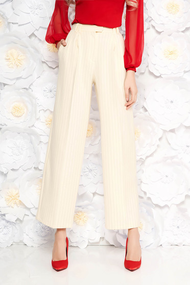 Pantaloni StarShinerS nude office evazati cu talie inalta din material cu dungi verticale si buzunare