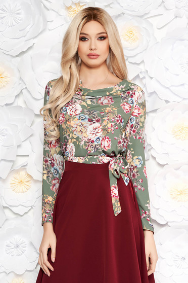 Bluza dama StarShinerS khaki office din material usor elastic cu imprimeuri florale accesorizata cu cordon