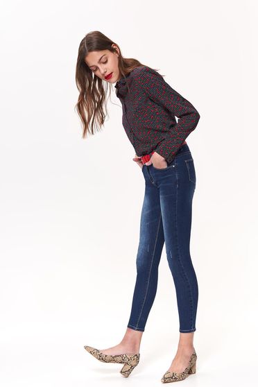 Blugi Top Secret albastri-inchis casual cu talie medie din bumbac cu accesoriu tip curea