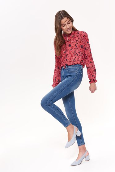 Blugi Top Secret albastri casual cu talie medie din bumbac usor elastic cu un croi mulat