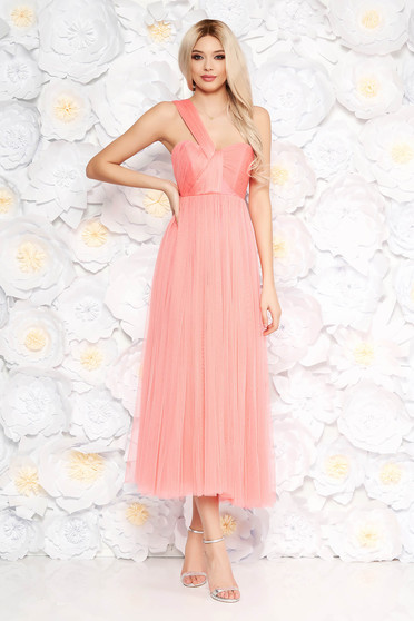 Rochie Ana Radu piersica de lux midi in clos din tul captusita pe interior fara maneci