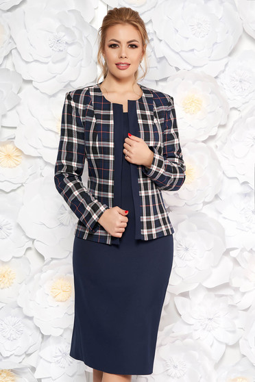 Compleu albastru-inchis office cu rochie din material usor elastic cu maneci scurte si sacou cu un croi drept