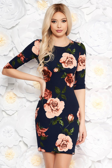 Rochie albastra-inchis de zi tip creion cu maneca 3/4 din material usor elastic cu imprimeu floral