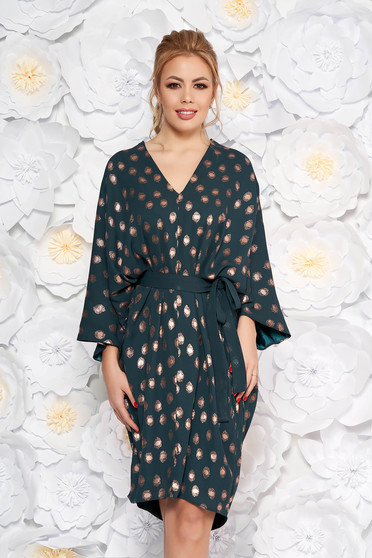 Rochie verde-inchis cu croi larg cu buline cu maneci clopot