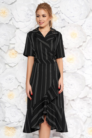 Rochie neagra de zi cu maneci scurte cu volanase la baza rochiei cu decolteu in v