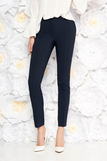 Pantaloni LaDonna albastri-inchis office conici cu talie medie din material usor elastic cu buzunare false