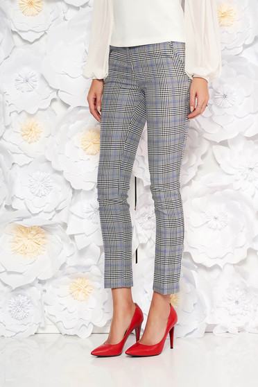 Pantaloni gri office din stofa in carouri cu talie medie