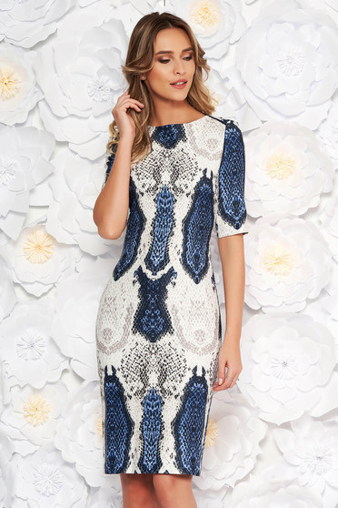 Rochie albastra-inchis eleganta de zi tip creion din material fin la atingere animal print