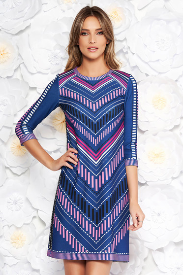 Rochie StarShinerS albastra cu croi larg din material elastic cu print CUSTOM MADE