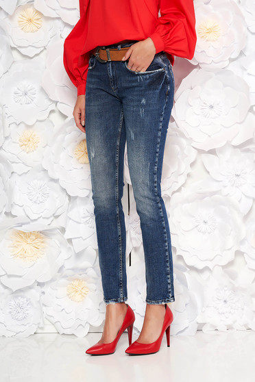 Blugi albastri casual cu talie medie din bumbac cu un croi drept cu accesoriu tip curea