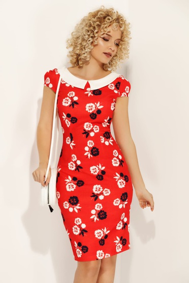 Rochie Fofy rosie de zi tip creion din material usor elastic cu imprimeu floral cu guler