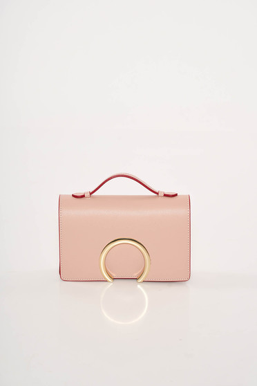 Geanta dama rosa de ocazie din piele naturala cu accesoriu metalic