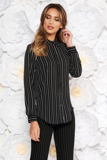 Camasa dama StarShinerS neagra eleganta cu croi larg din material subtire cu dungi