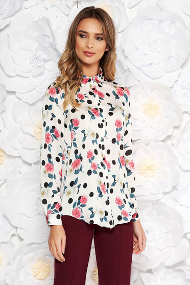 Camasa dama StarShinerS alba eleganta cu croi larg din material satinat cu imprimeu floral