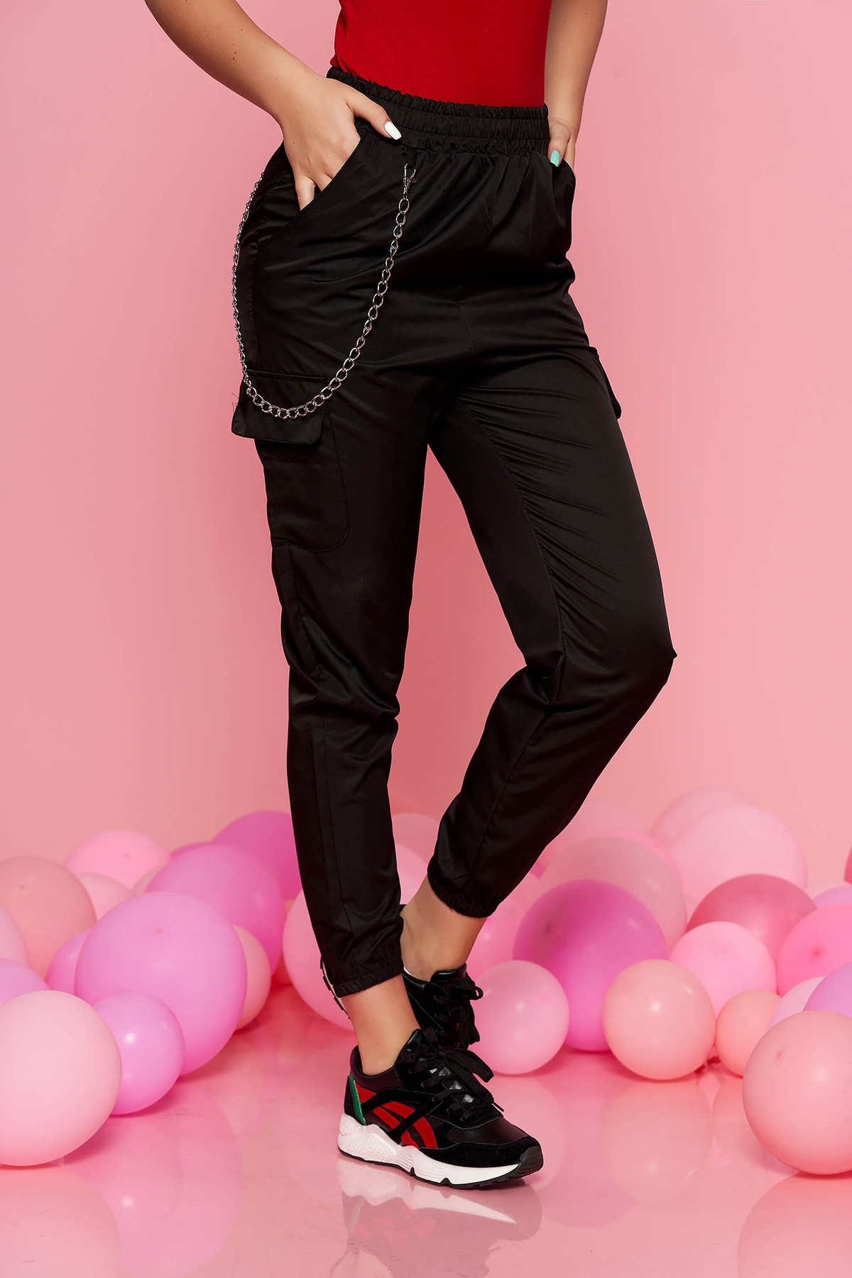 Pantaloni SunShine negri casual cu talie medie cu elastic in talie lantisor detasabil