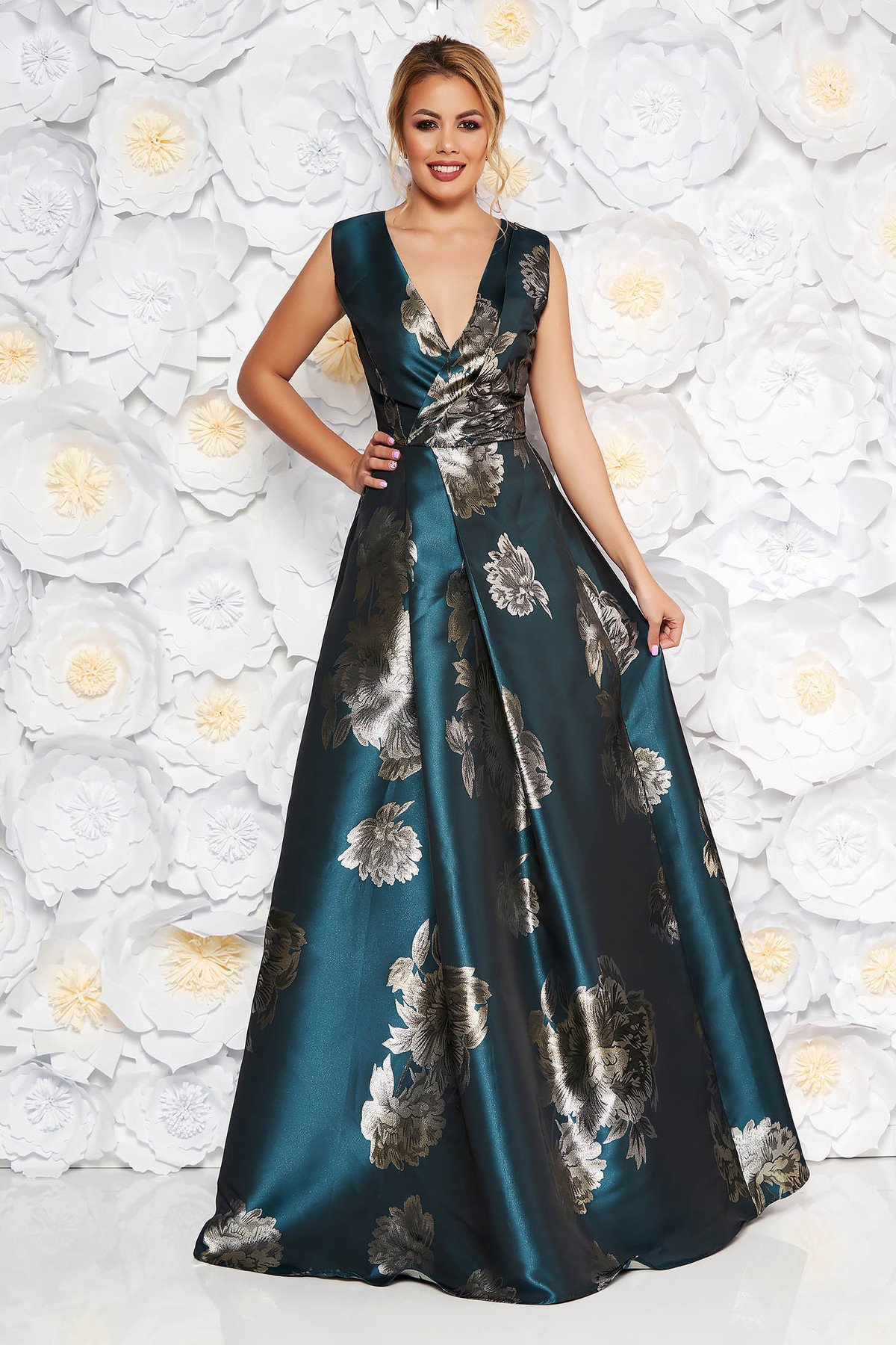 Rochie Artista verde-inchis de ocazie in clos cu decolteu in v cu imprimeu floral