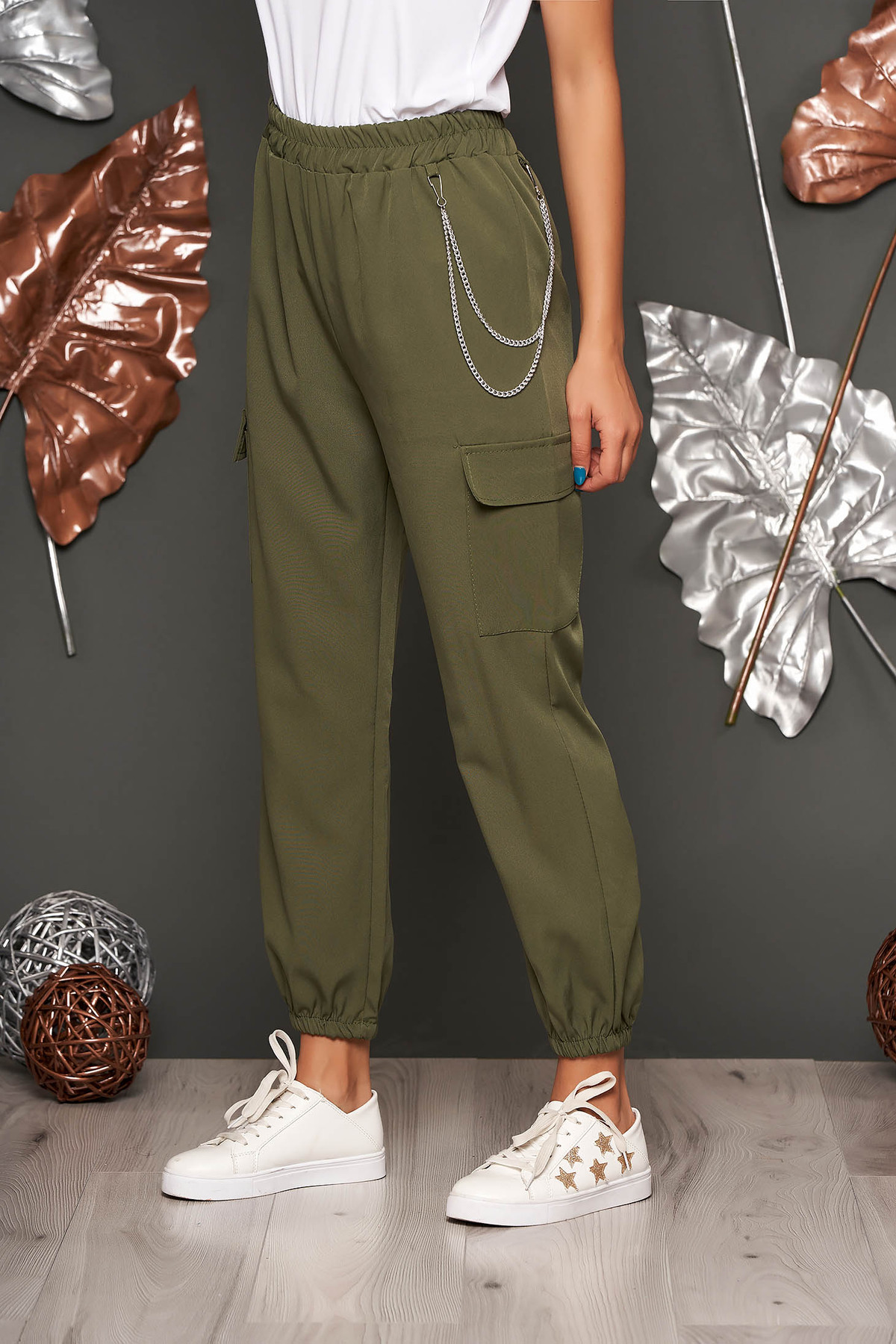 Pantaloni SunShine khaki casual 3/4 cu talie inalta buzunare laterale cu accesoriu inclus