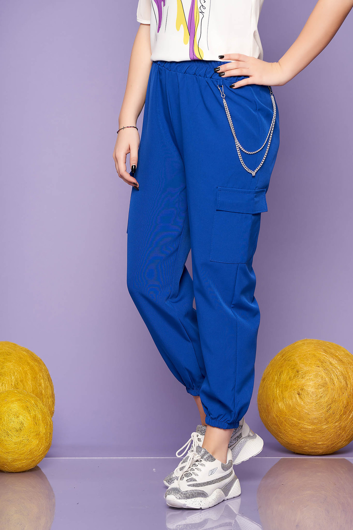 Pantaloni SunShine albastri casual 3/4 cu talie inalta buzunare laterale cu accesoriu inclus
