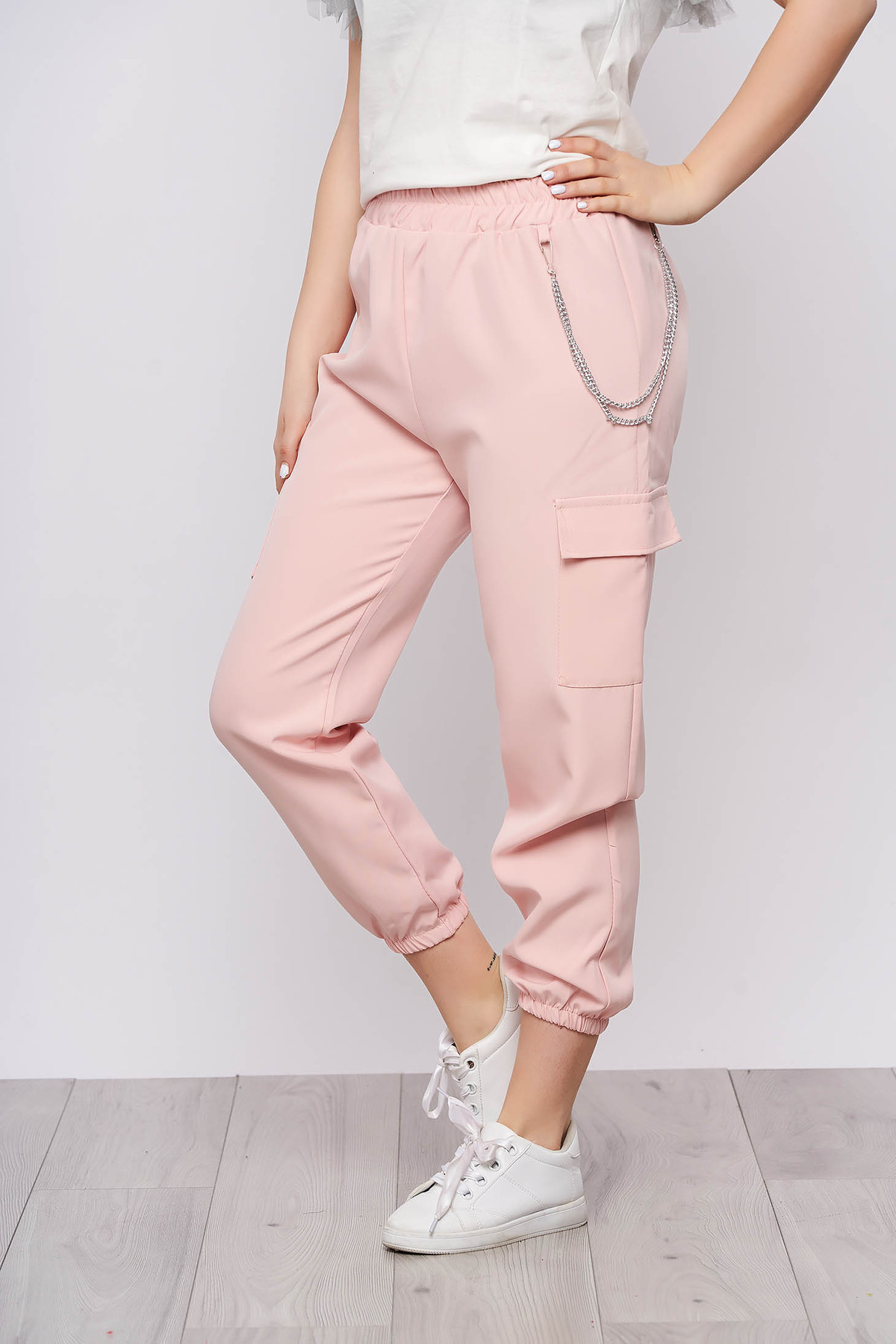 Pantaloni SunShine roz deschis casual 3/4 cu talie inalta buzunare laterale cu accesoriu inclus