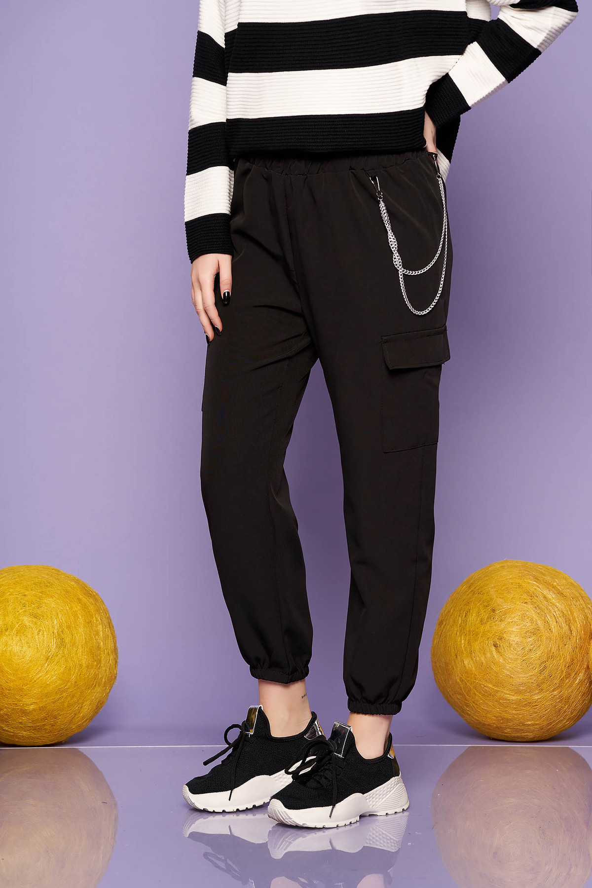 Pantaloni SunShine negri casual 3/4 cu talie inalta buzunare laterale si accesoriu inclus