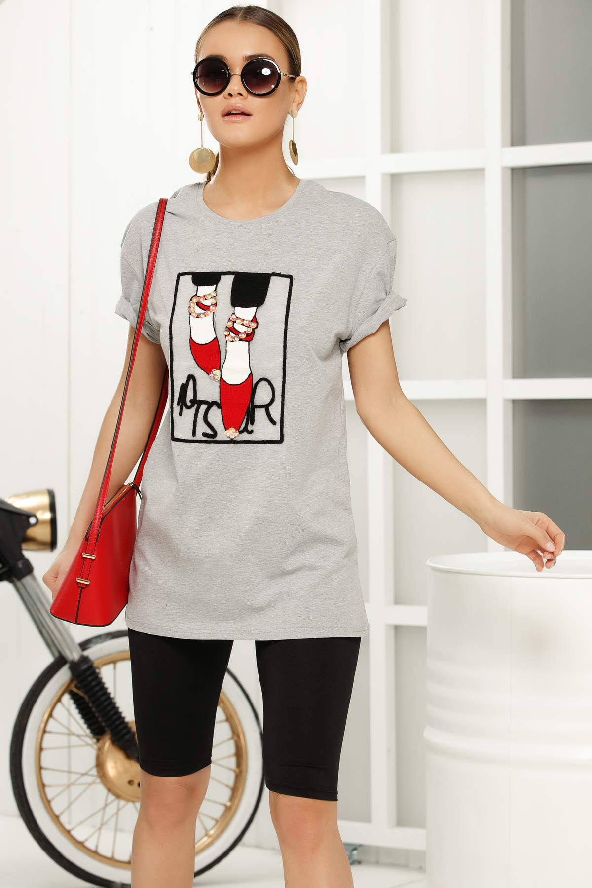 Tricou gri casual cu croi larg cu maneci scurte din material subtire