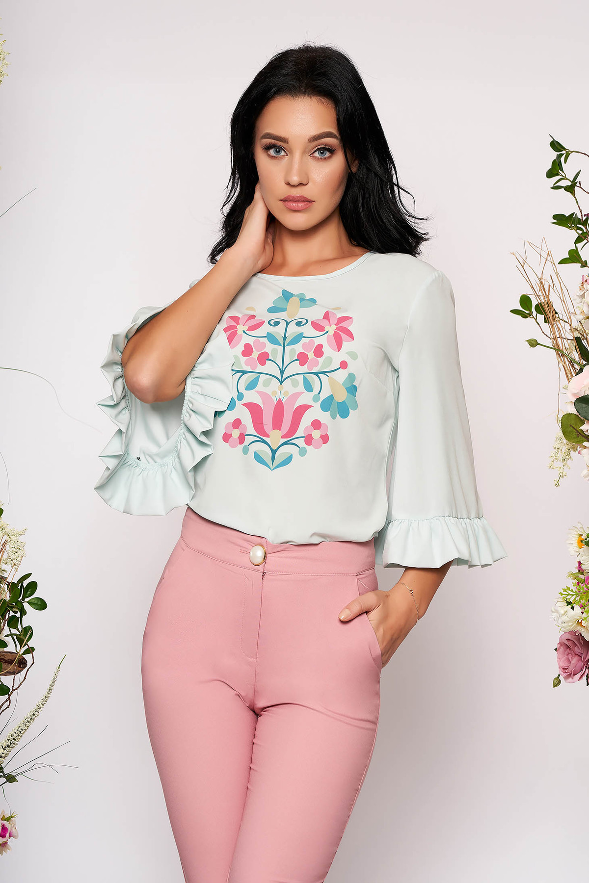 Bluza dama StarShinerS mint eleganta cu volanase la maneca cu imprimeu floral