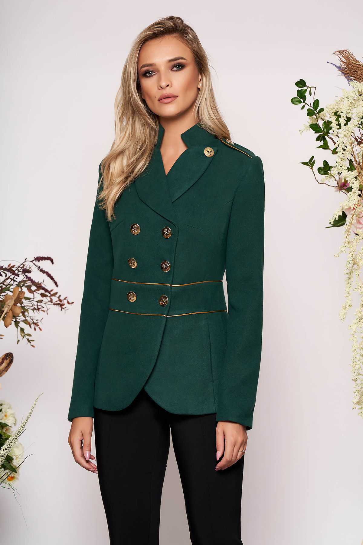 Jacheta LaDonna verde-inchis elegant scurt material gros cu maneca lunga inchidere cu nasturi aurii
