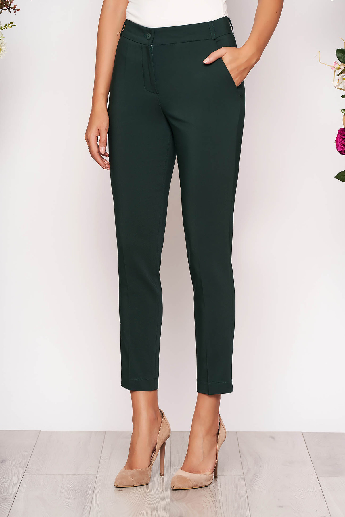 Pantaloni verde inchis lungi eleganti cu talie medie conici din stofa subtire cu buzunare