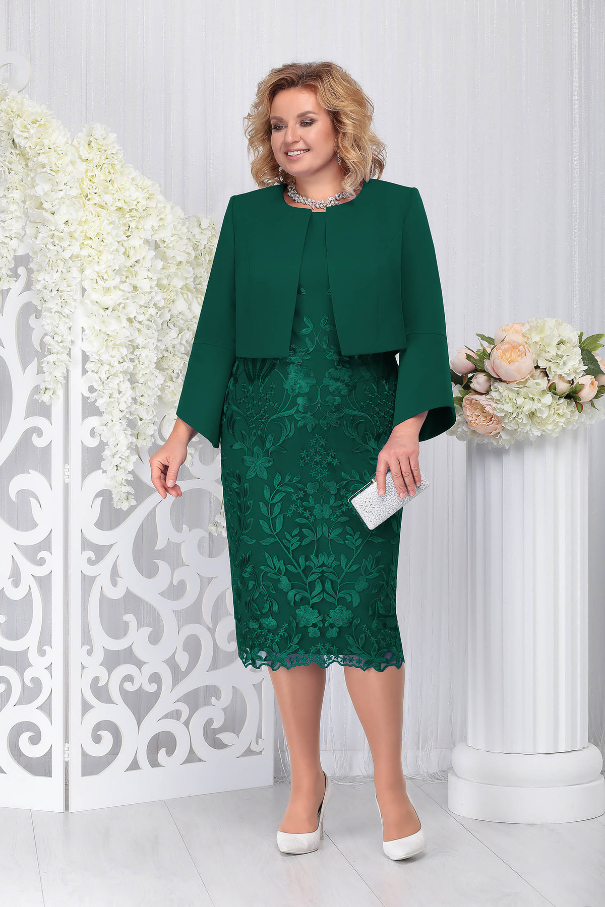 Compleu verde-inchis elegant din 2 piese cu rochie din stofa usor elastica din dantela