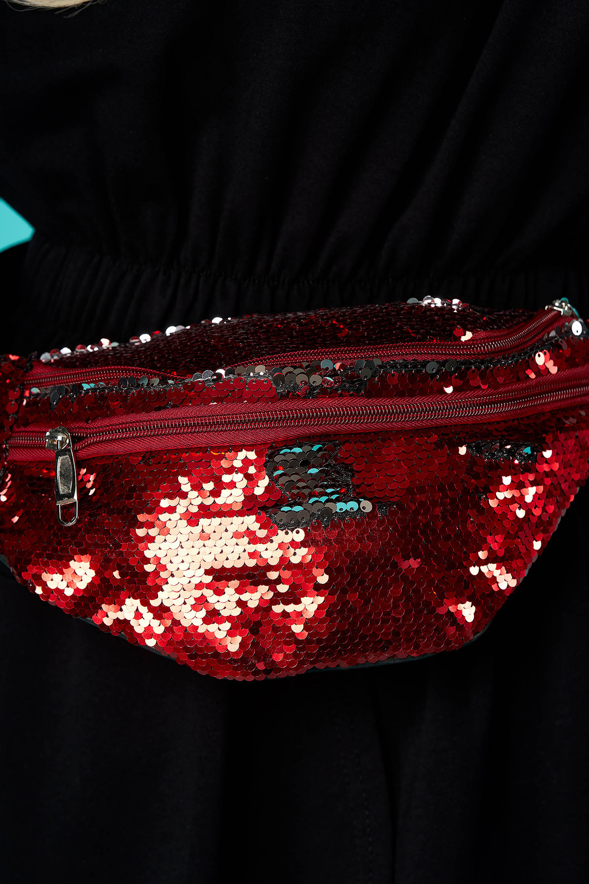 Geanta dama SunShine rosie cu aplicatii cu paiete accesorizata cu fermoar cu maner lung reglabil image2