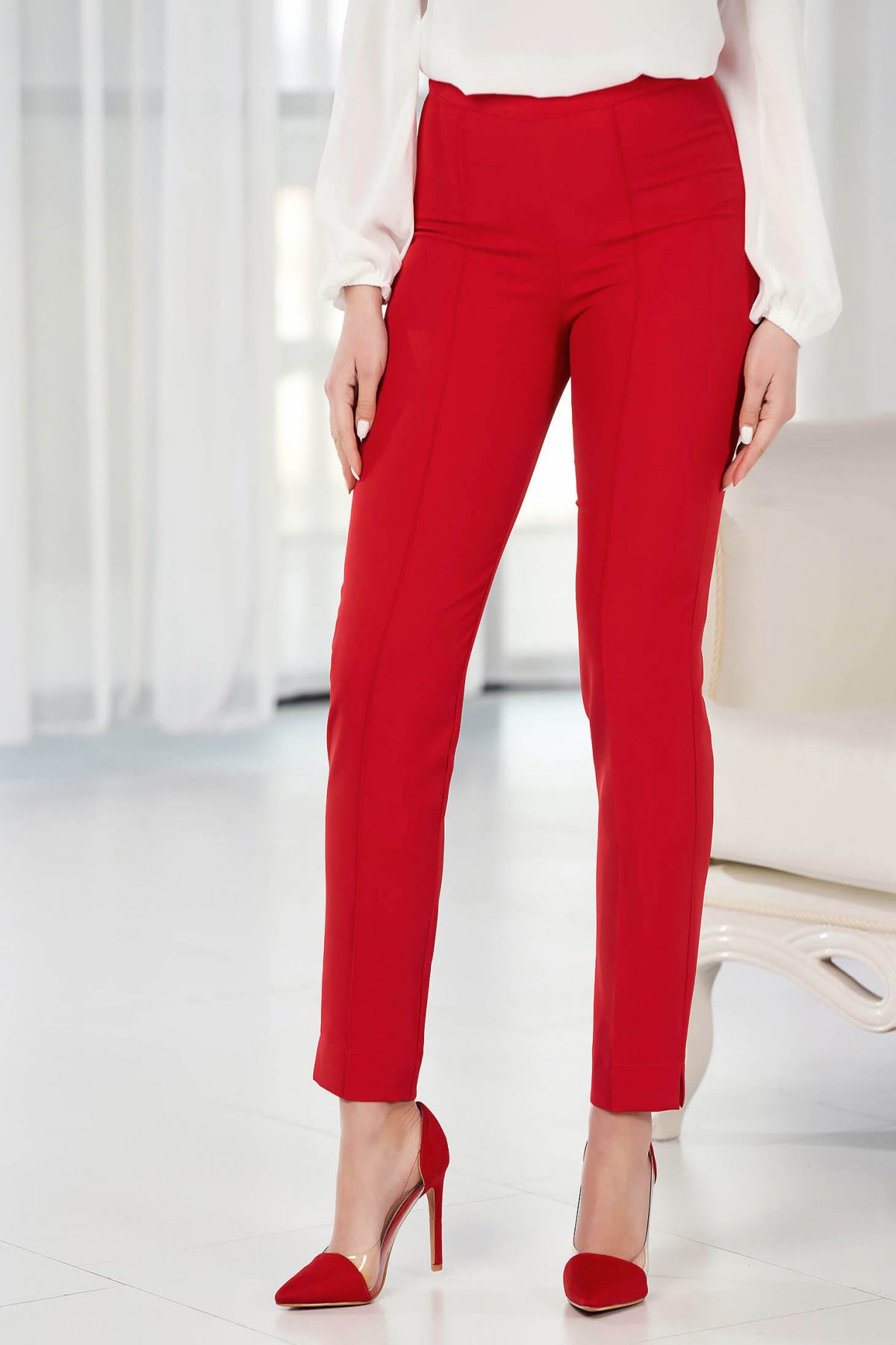 Pantaloni StarShinerS rosii office conici din stofa elastica cu talie inalta si buzunare