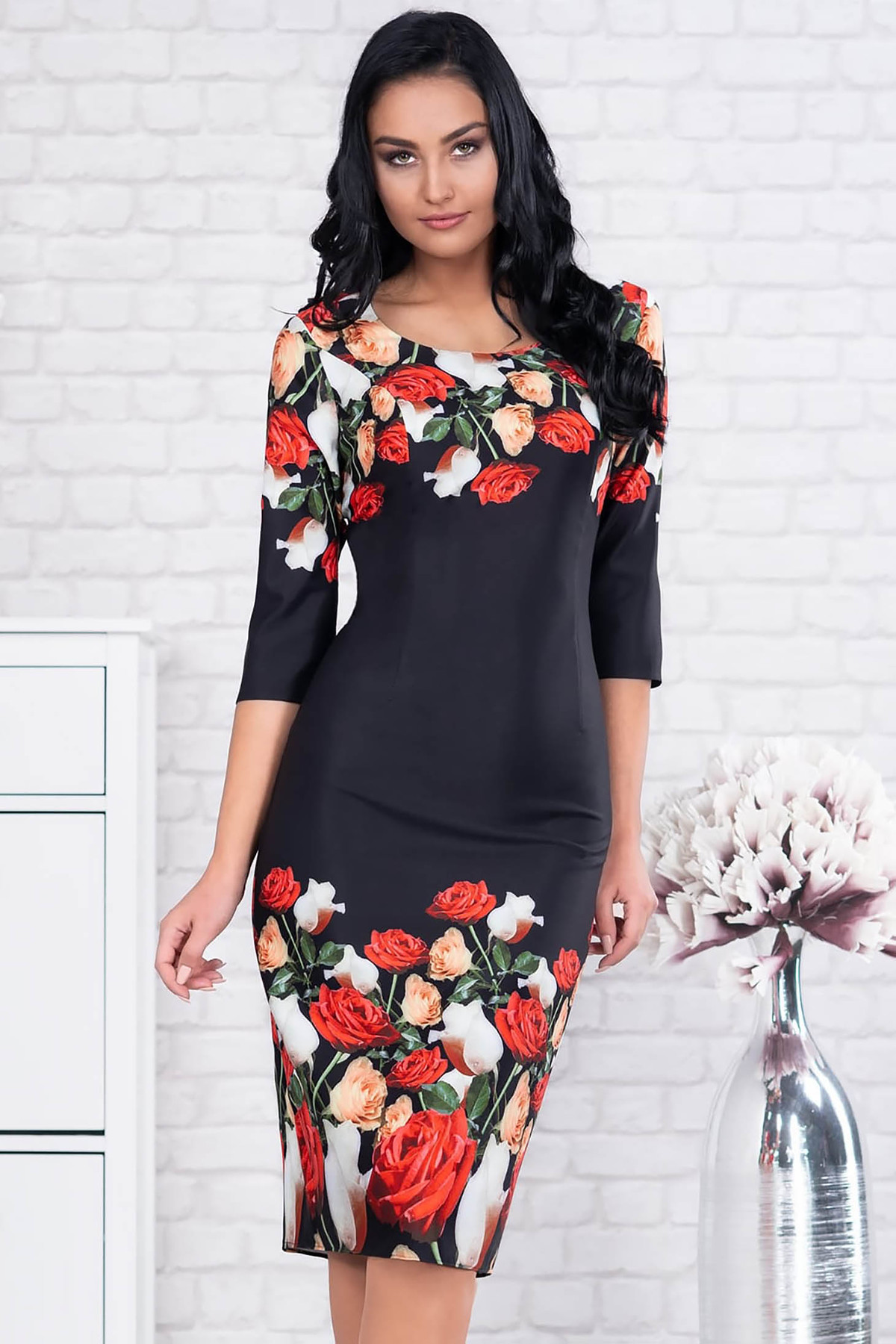 Rochie neagra eleganta midi tip creion din stofa cu maneci trei-sferturi si imprimeu floral