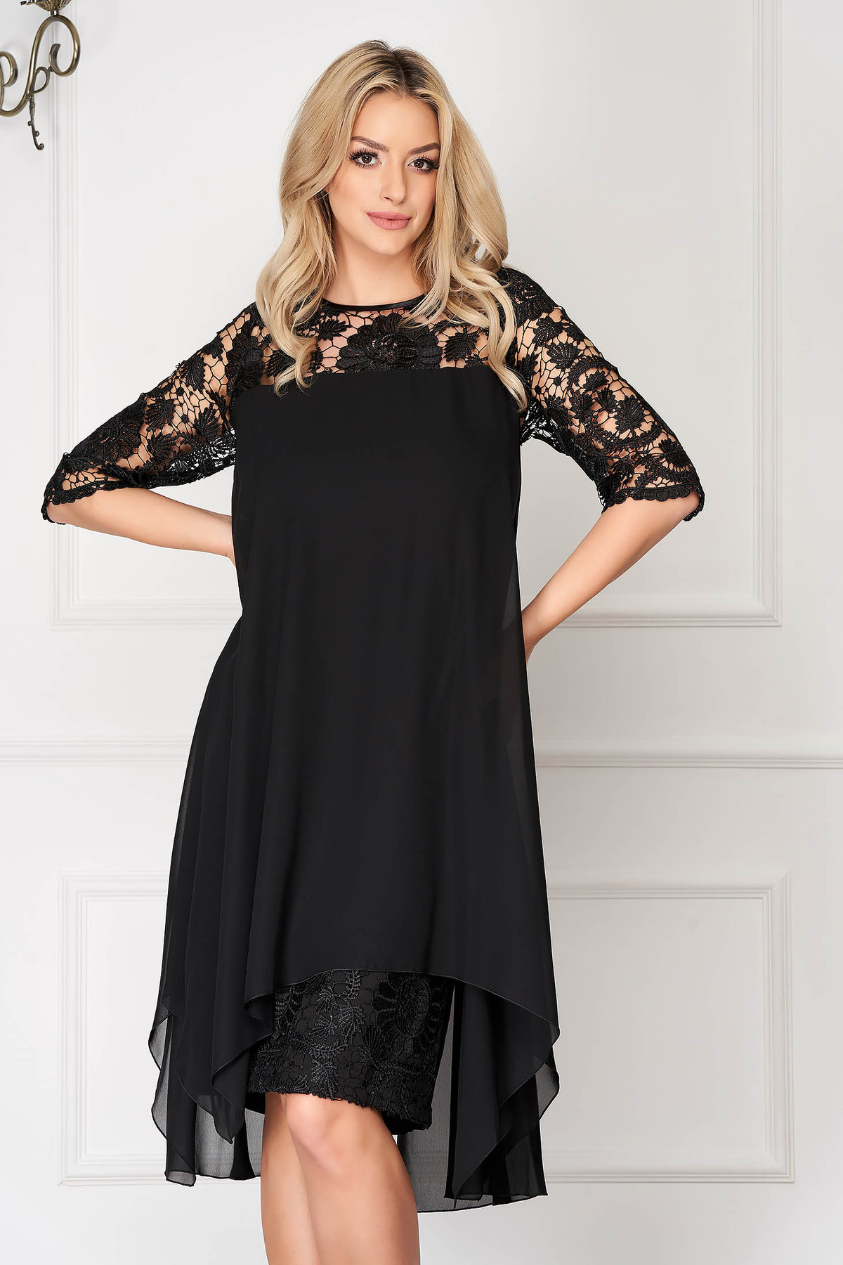 Rochie neagra midi de ocazie tip creion din dantela cu suprapunere cu voal