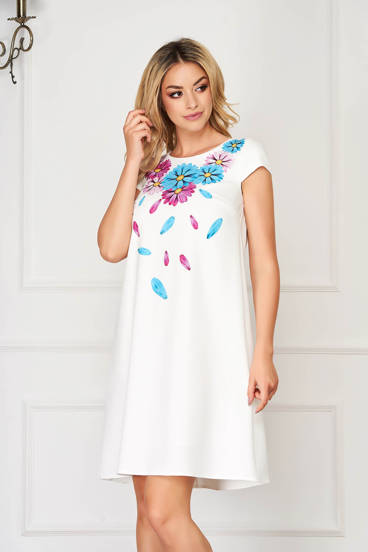 Rochie StarShinerS alba eleganta scurta din stofa elastica cu imprimeu floral customizat