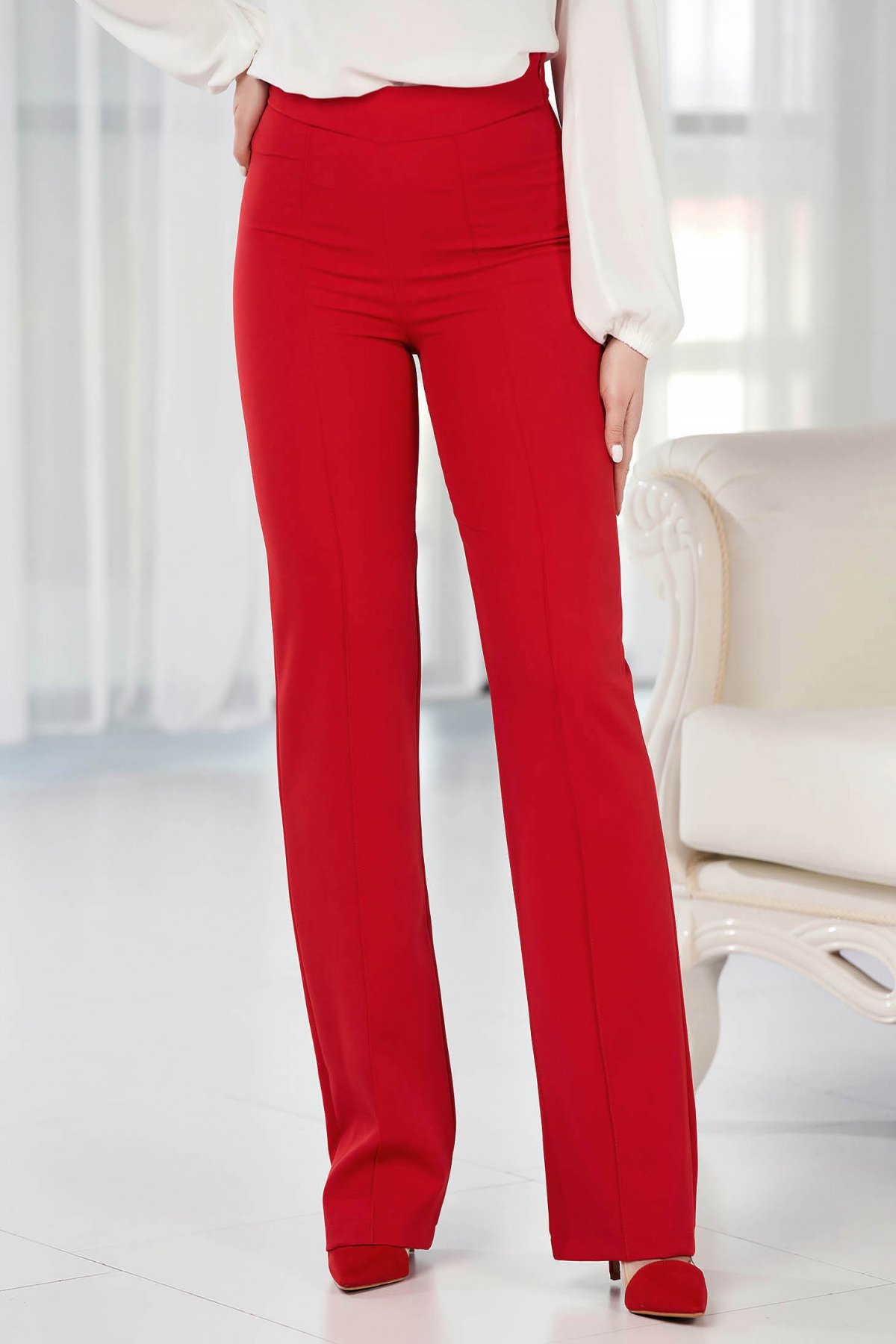 Pantaloni StarShinerS rosii eleganti lungi evazati din stofa din material elastic StarShinerS imagine noua 2022