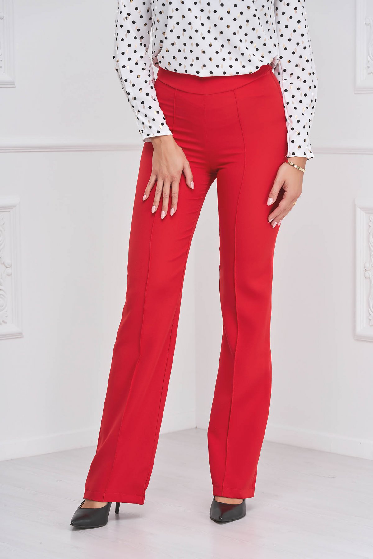 Pantaloni din stofa elastica rosii lungi evazati - StarShinerS
