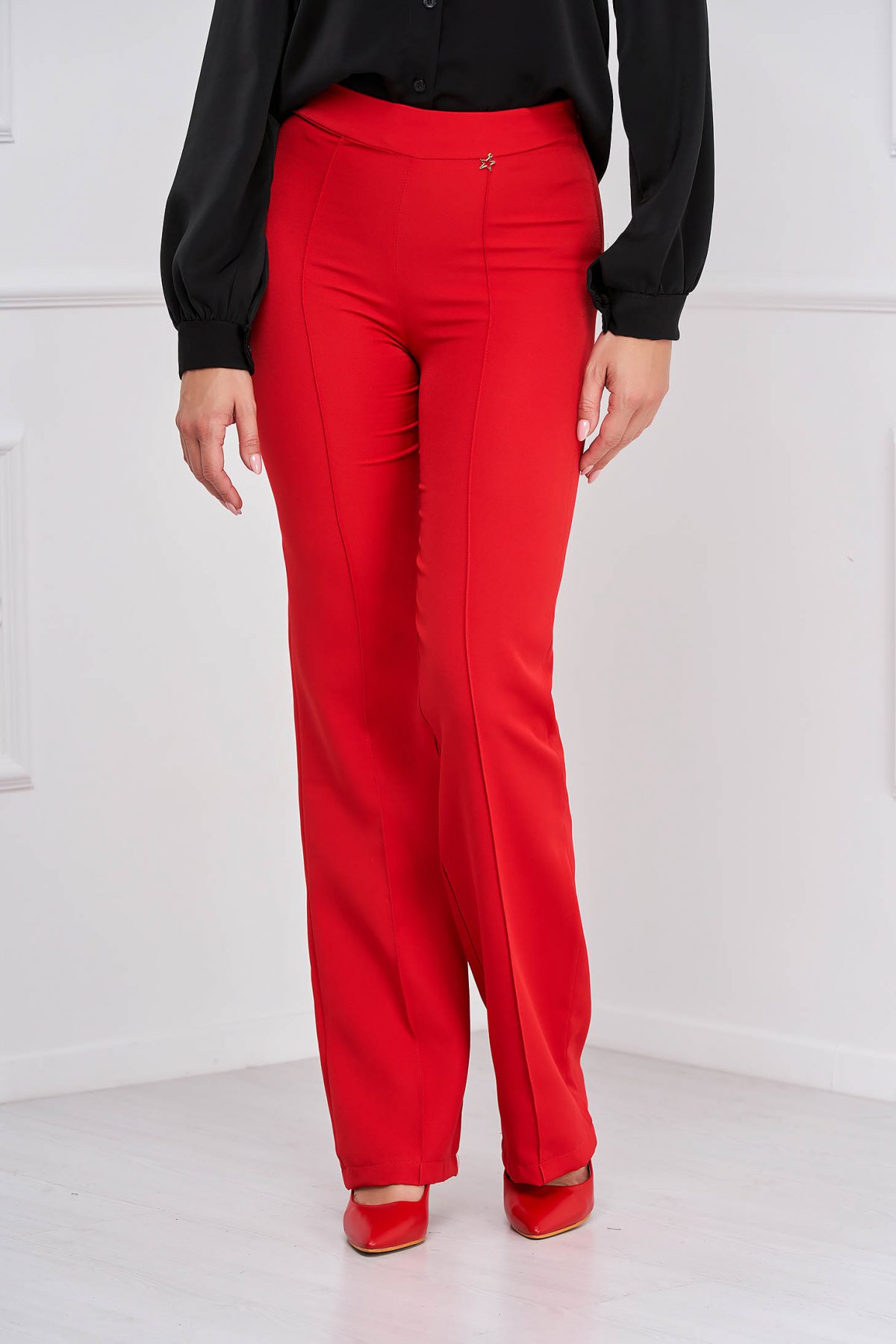 Pantaloni din stofa elastica rosii lungi evazati - StarShinerS