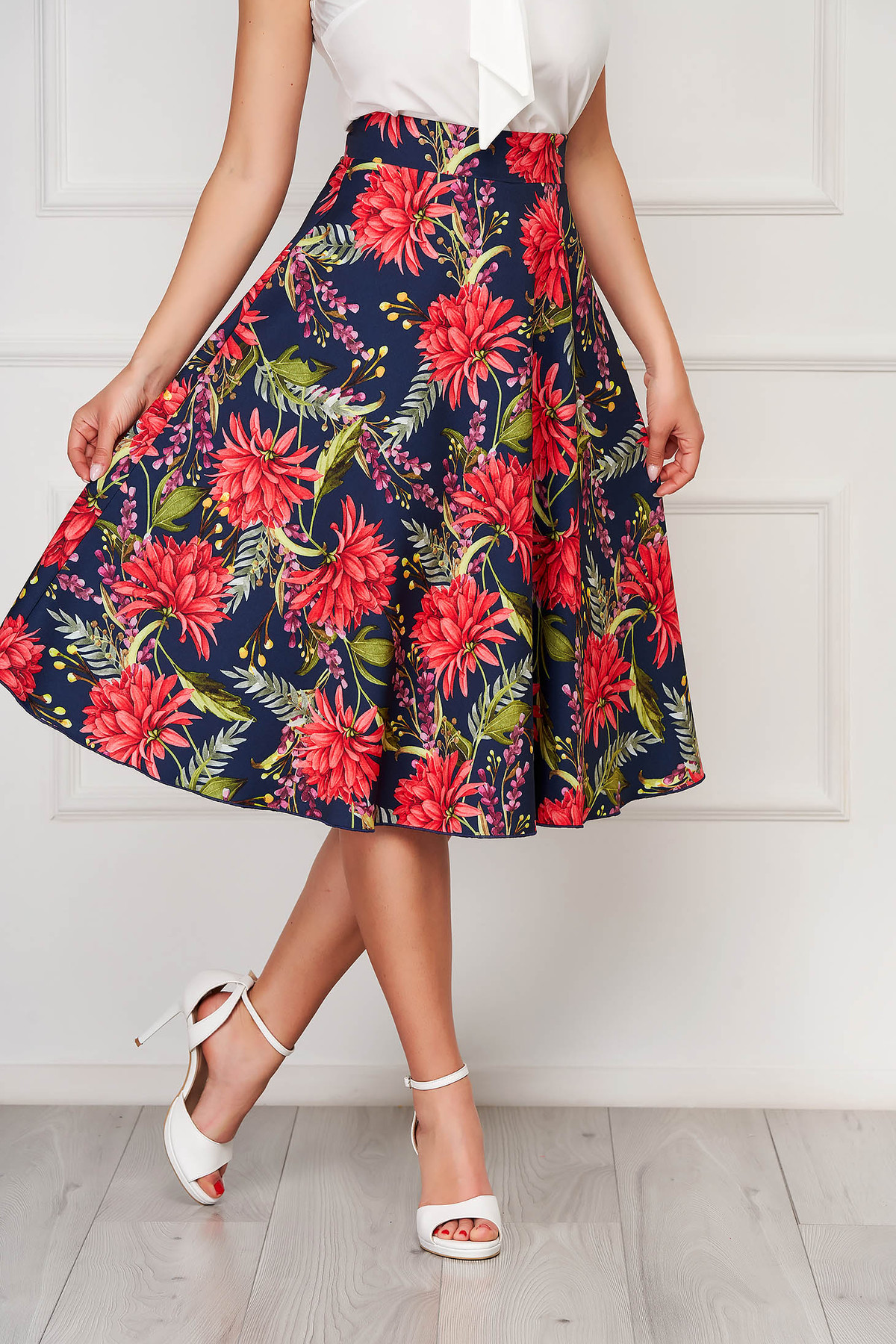 Fusta StarShinerS cu imprimeu floral eleganta midi din stofa fara captuseala