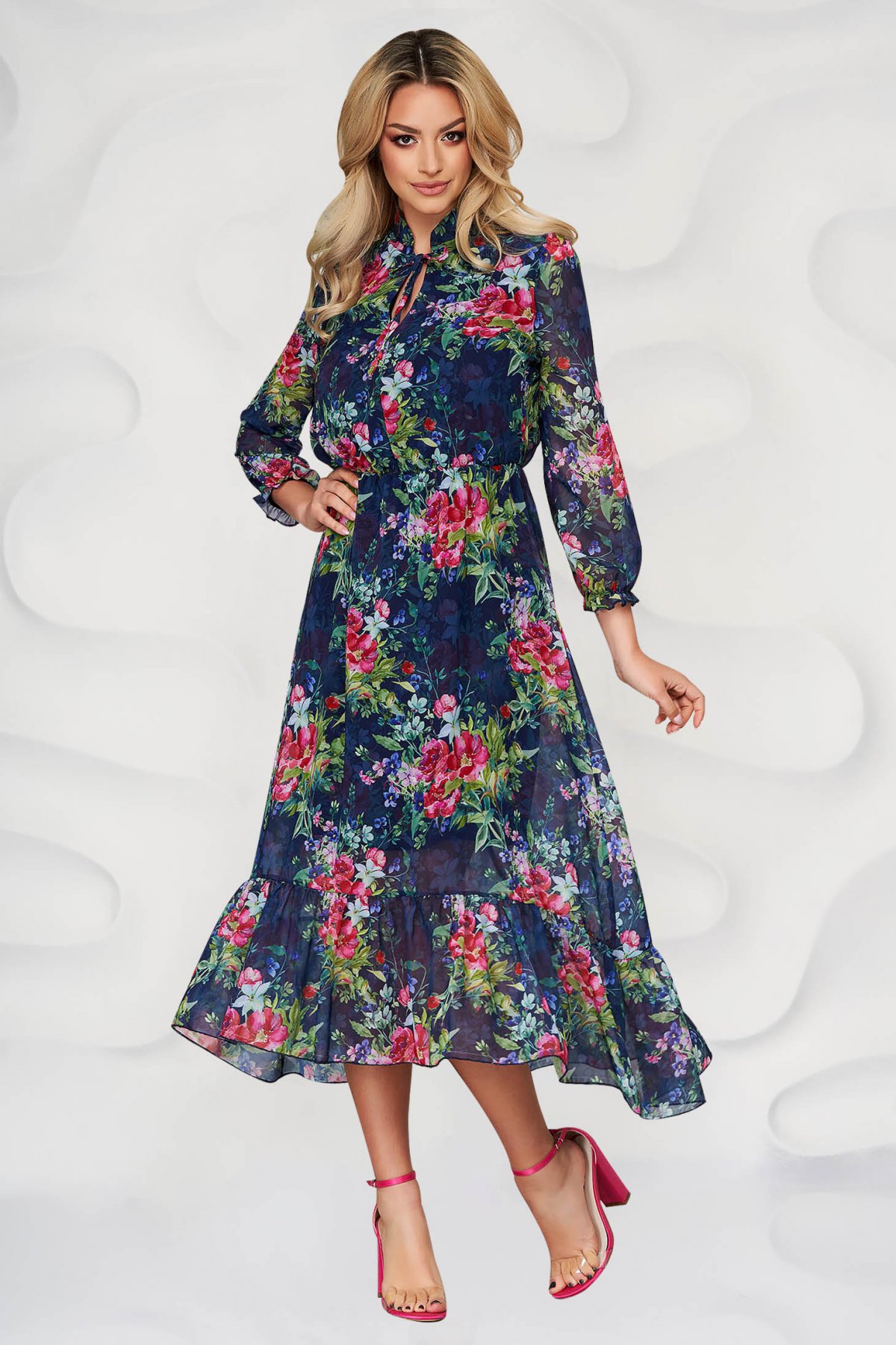 Rochie albastru-inchis midi in clos din voal cu imprimeu floral - Rochii-Dama.ro