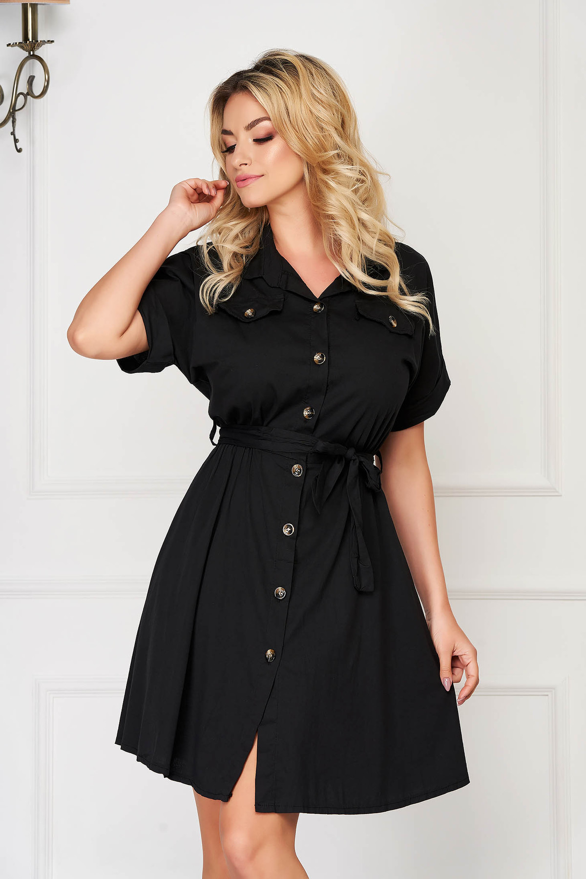 Rochie SunShine neagra scurta de zi in clos din bumbac cu elastic in talie