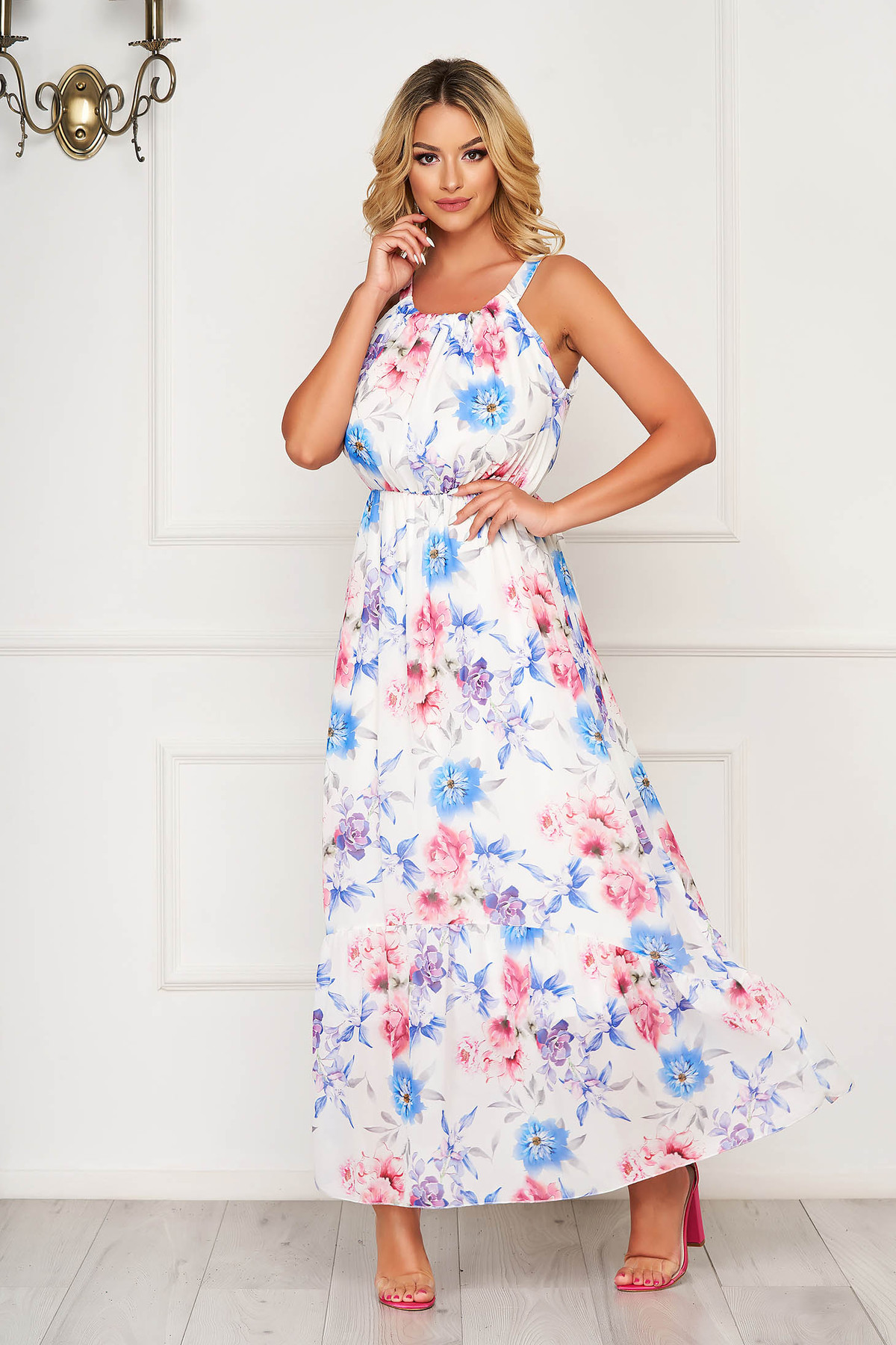 Rochie alba lunga de zi din voal fara maneci cu imprimeu floral