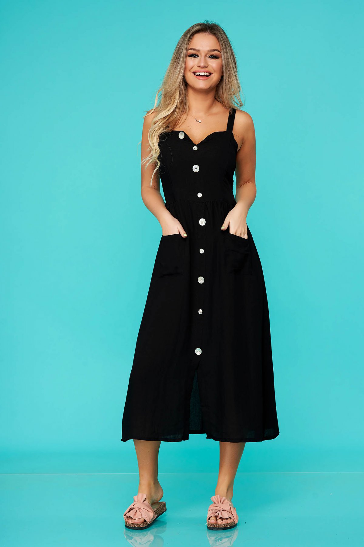 Rochie SunShine neagra casual midi din bumbac neelastic accesorizata cu nasturi